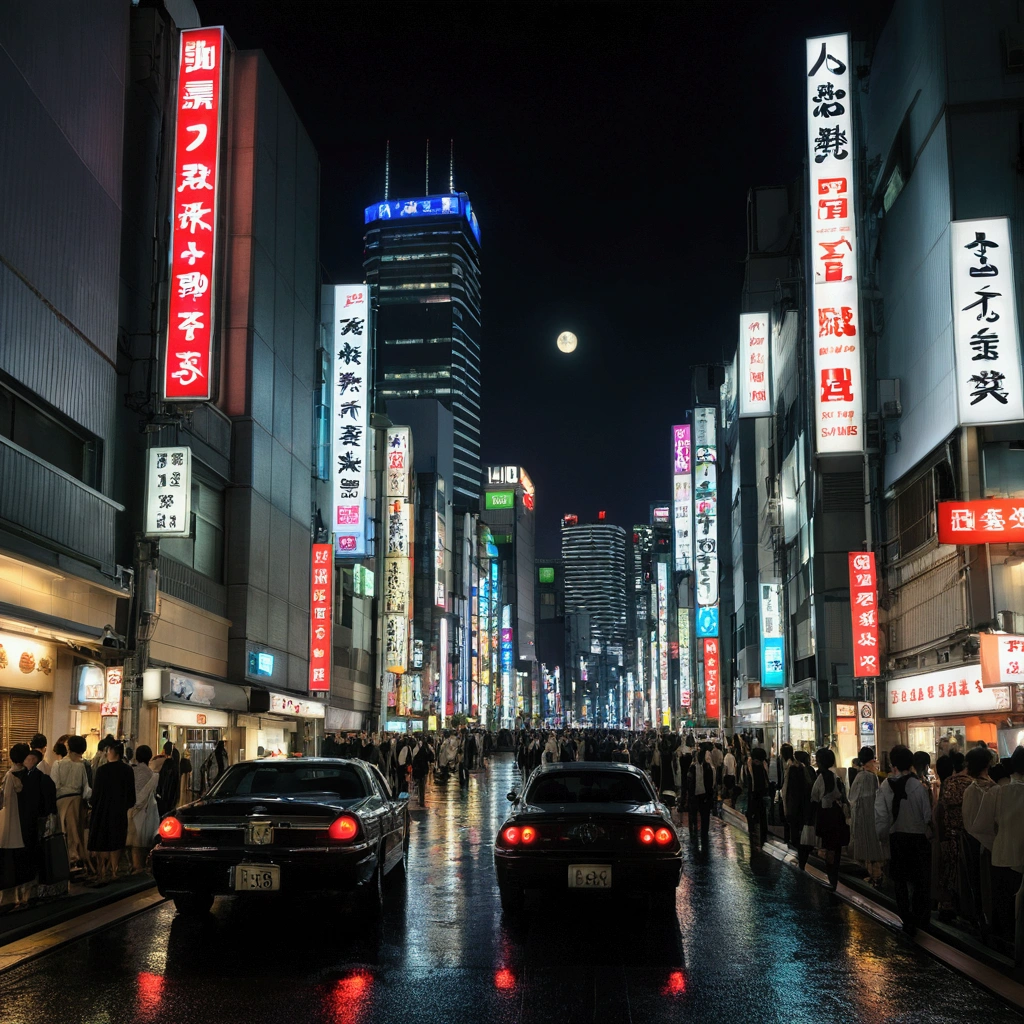 Tokyo city at night、Christopher Nolan Style、Drama and lifesaving、Dynamic, dark and scary atmosphere、Dramatic Light、Very detailed、Full of hidden details、Hyperrealistic、uhd画像、realism、カラフルなrealism、uhd、8k、Full body image、Long tail、