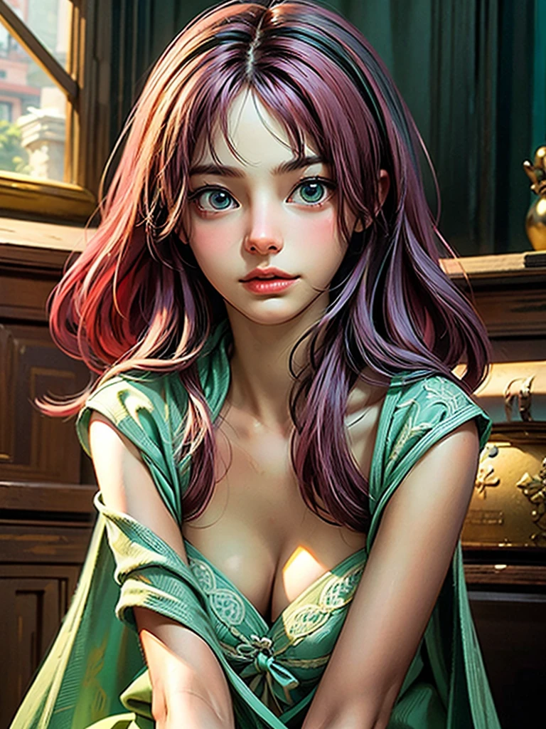 1 girl, solo focus, pink wavy hair, fashion hair, light green eyes, medium breasts, cleavage, fit body, intricate royal dress, regal poses, masterpiece, ultra HD, raw photos, detailed skin textures, detailed face, detailed hair, detailed crown, perfect hands, cowboy shot
sultry look, seductive,