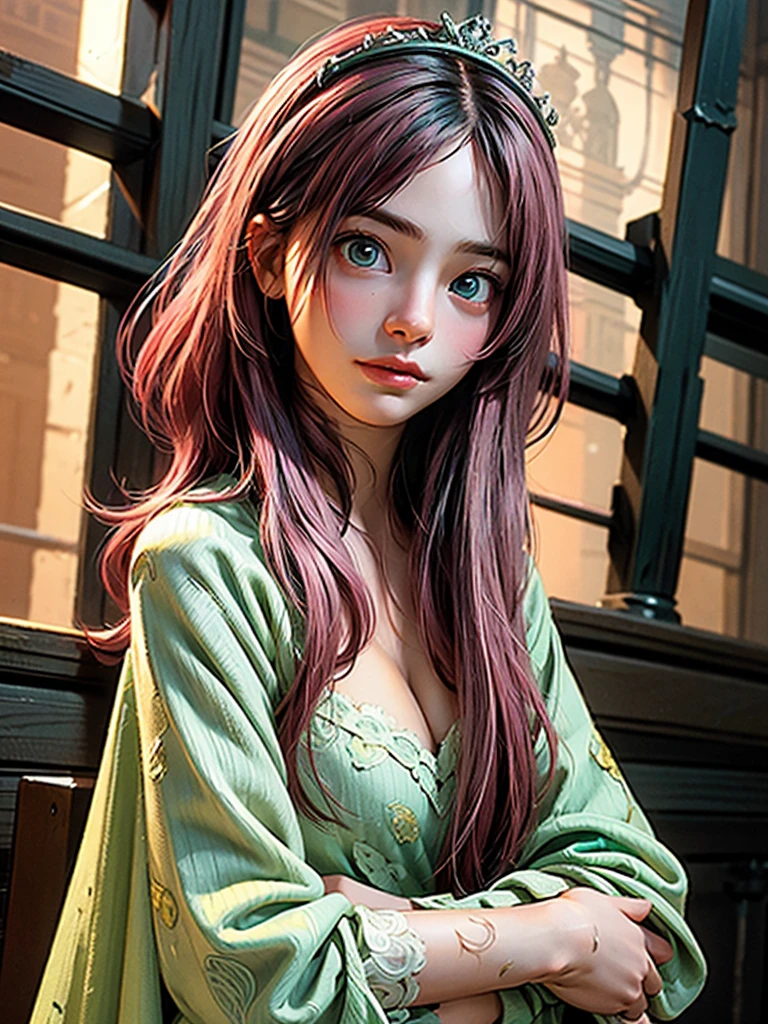 1 girl, solo focus, pink wavy hair, fashion hair, light green eyes, medium breasts, cleavage, fit body, intricate royal dress, regal poses, masterpiece, ultra HD, raw photos, detailed skin textures, detailed face, detailed hair, detailed crown, perfect hands, cowboy shot
sultry look, seductive,