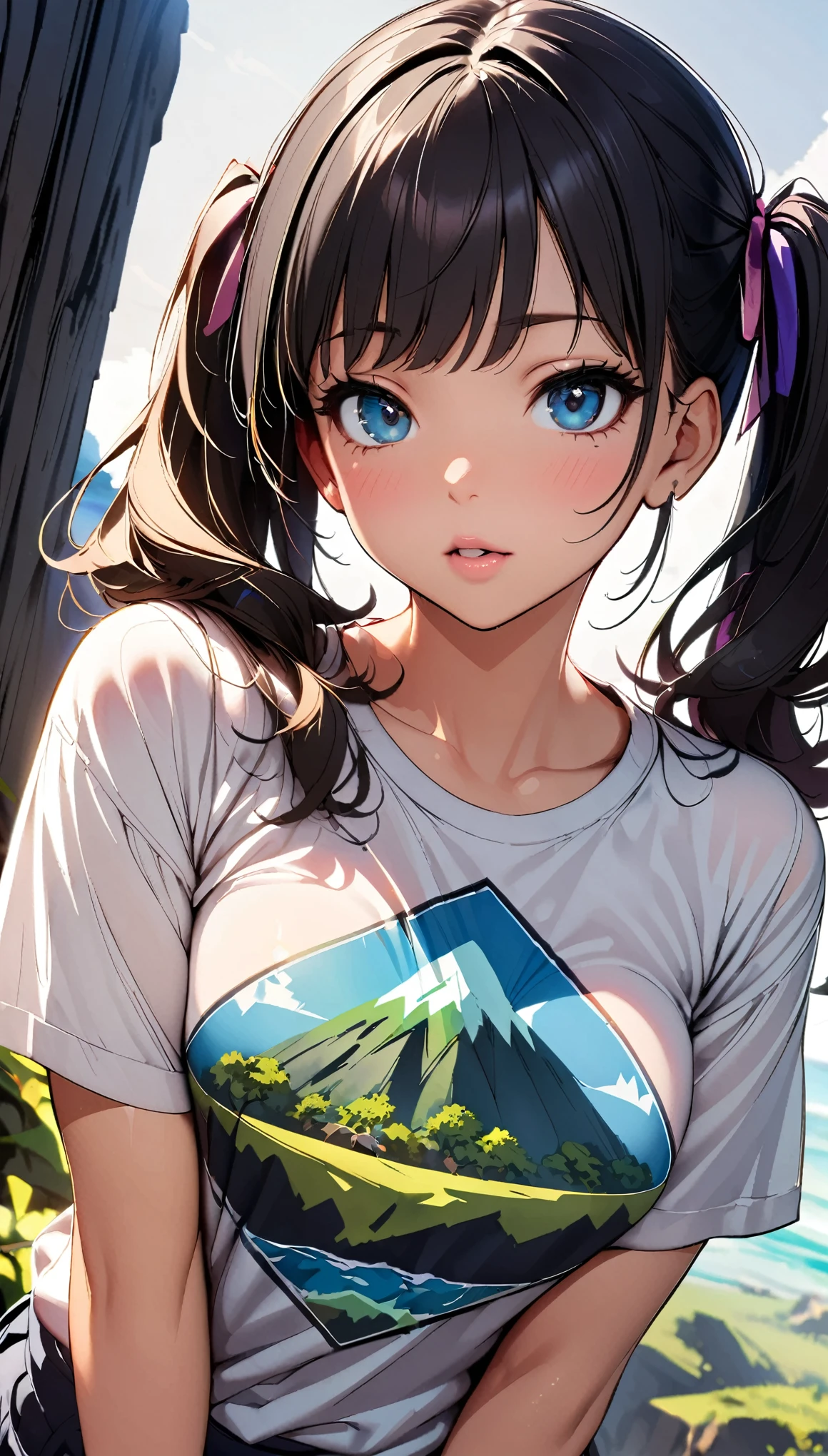 (1 girl), JK, (Printed T-shirt, ((A shirt with an illustration of a mysterious island printed on it:1.4))), (Black hair twin tails), Dynamic Angle, Friendly atmosphere, Beautiful Hair, Shiny Hair, Beautiful Skin, Detailed face and eyes, Glossy Lips, Place your hands behind your back., Chest puffing pose, Front view, Plain background, Background Blur. (Highest quality:1.2, Very detailed, Beautiful illustrations, High Detail, masterpiece:1.2, Best aesthetics), 
