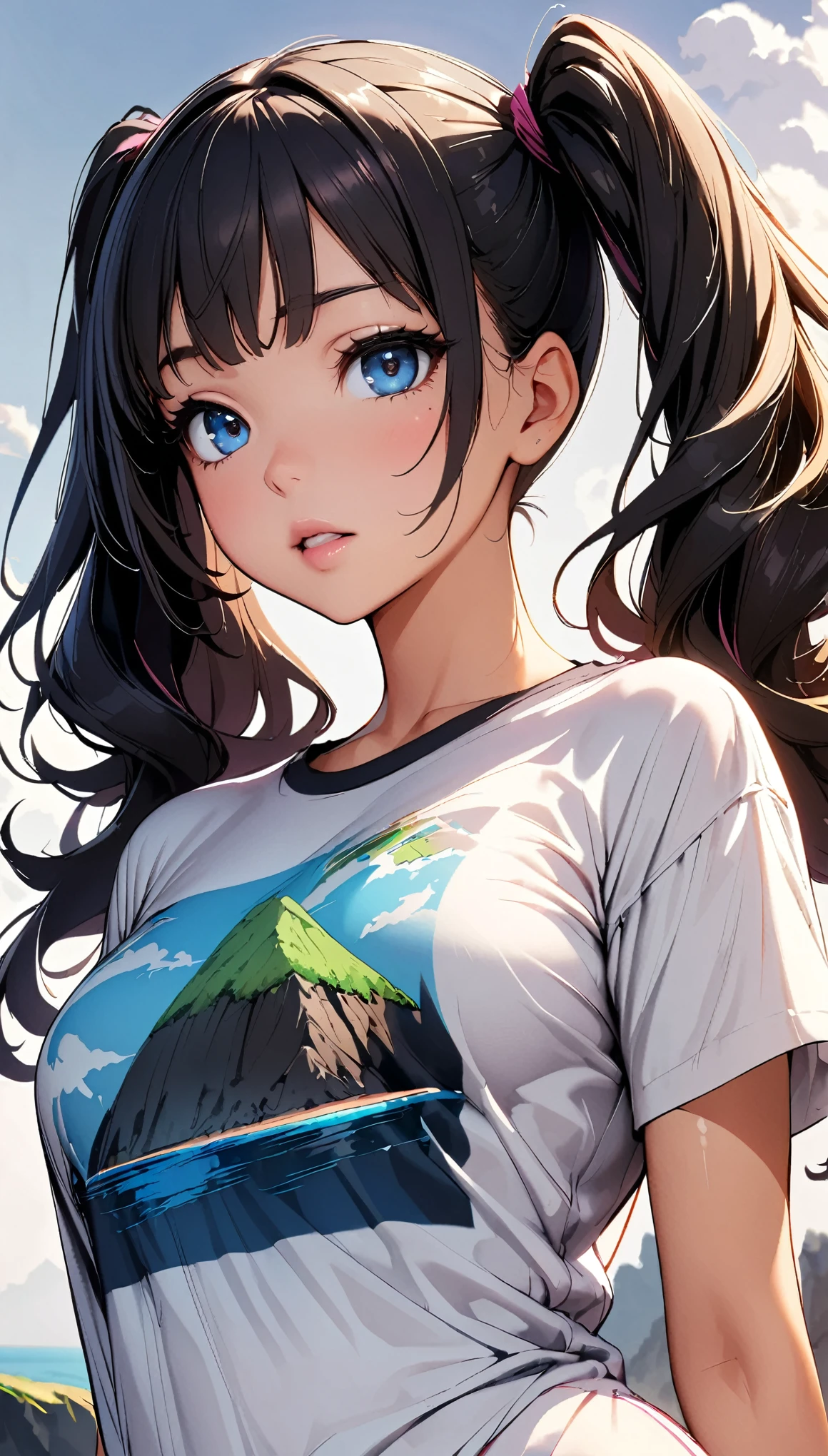 (1 girl), JK, (Printed T-shirt, ((A shirt with an illustration of a mysterious island printed on it:1.4))), (Black hair twin tails), Dynamic Angle, Friendly atmosphere, Beautiful Hair, Shiny Hair, Beautiful Skin, Detailed face and eyes, Glossy Lips, Place your hands behind your back., Chest puffing pose, Front view, Plain background, Background Blur. (Highest quality:1.2, Very detailed, Beautiful illustrations, High Detail, masterpiece:1.2, Best aesthetics),