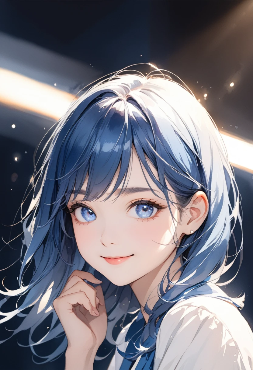 Watercolor style,(masterpiece:1.5),(Beat Quality),(high resolution),1girl solo,Pretty Face,Smile(Shining eyes),Upper Body,Lighting Effects,Woman with blue hair and blue skirt,In the spotlight