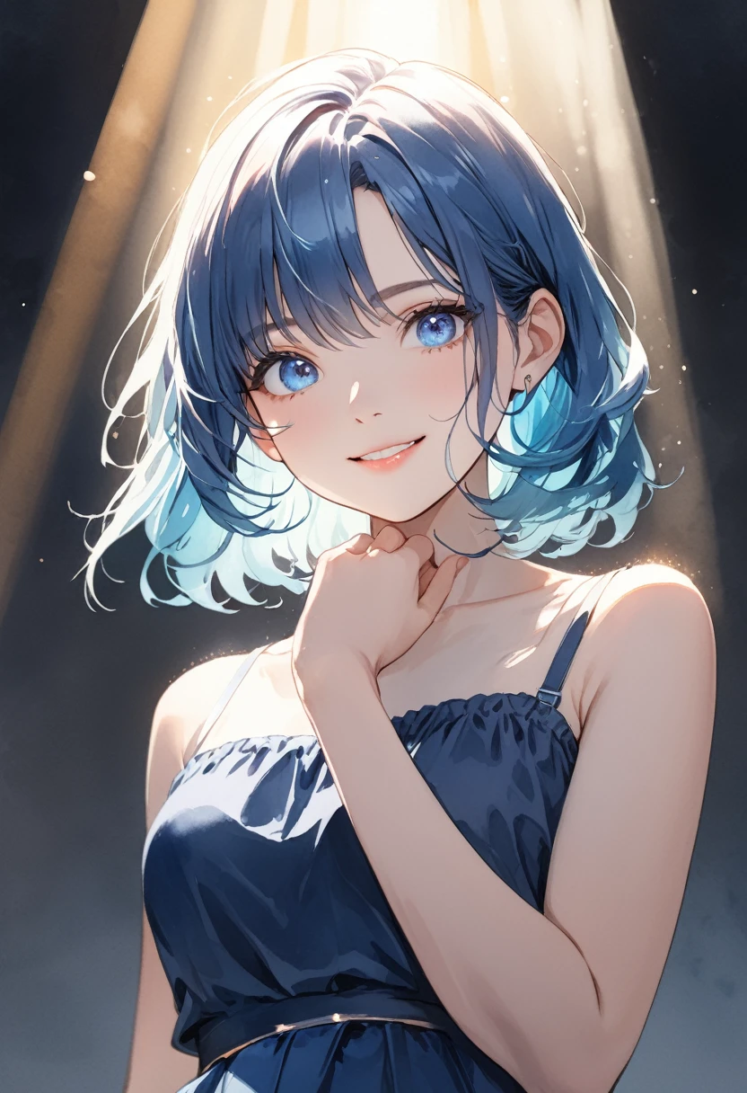 Watercolor style,(masterpiece:1.5),(Beat Quality),(high resolution),1girl solo,Pretty Face,Smile(Shining eyes),Upper Body,Lighting Effects,Woman with blue hair and blue skirt,In the spotlight
