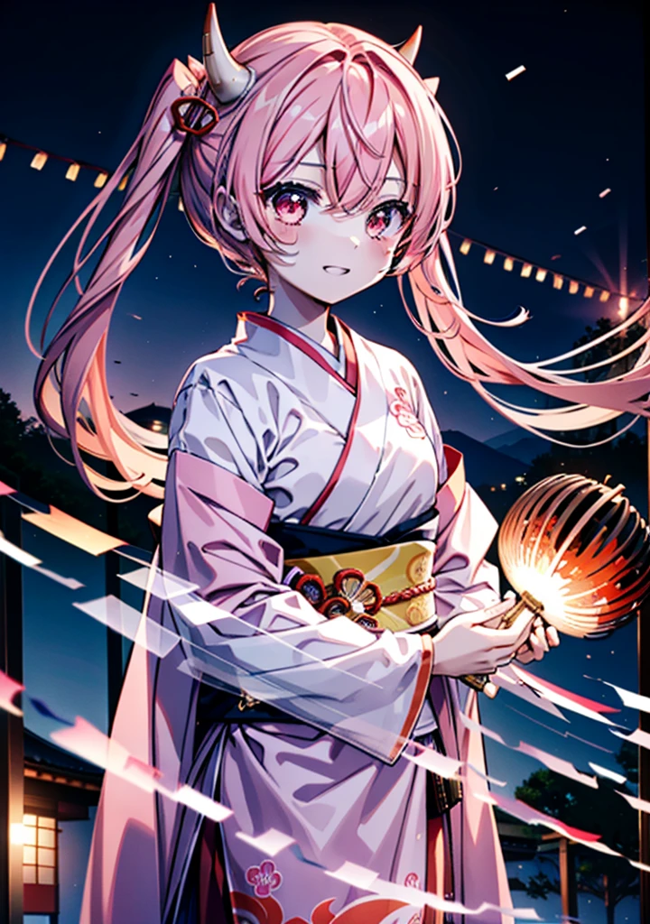 Aria h kanzaki,horn,Pink Hair,Long Hair,low 　Twin tails,小さいhorn,Red eyes,happy smile, smile, Open your mouth,pink kimono,Thick sleeves,日本のfestival,夏festivalの屋台,Red Lantern,night,night空のfirework,firework,場所はfirework大会,時間はnightです,sunny day,　　　　　　　　　　　　　　　  　　　　　break looking at viewer, Upper Body, (Cowboy Shot:1. 5),  　　　　　
break outdoors, festival,shrine,
break (masterpiece:1.2), Highest quality, High resolution, unity 8k wallpaper, (shape:0.8), (Beautiful attention to detail:1.6), Highly detailed face, Perfect lighting, Highly detailed CG, (Perfect hands, Perfect Anatomy),