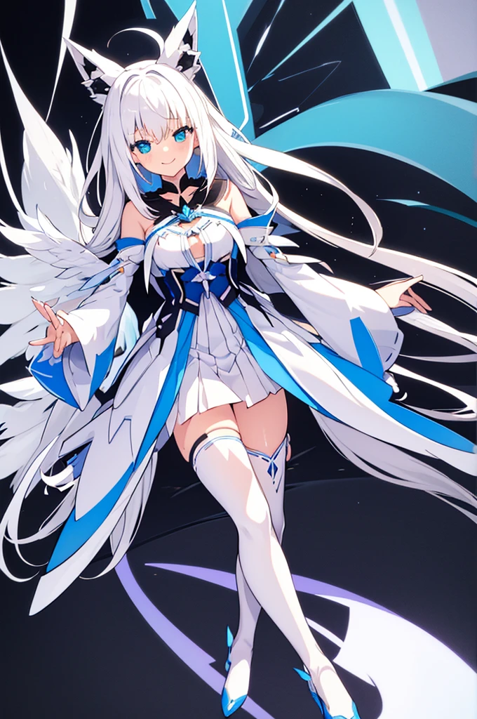 Mecha Wings、White and blue skirt、Accentuated thighs、White tights、chest、Beautiful white hair、1 girl、solo girl、Thick thighs、IS、Frame Arms Girl、Alice Gere Aegis、White Armor、Blue and purple lines、income、headphone、hand on own chest、smile