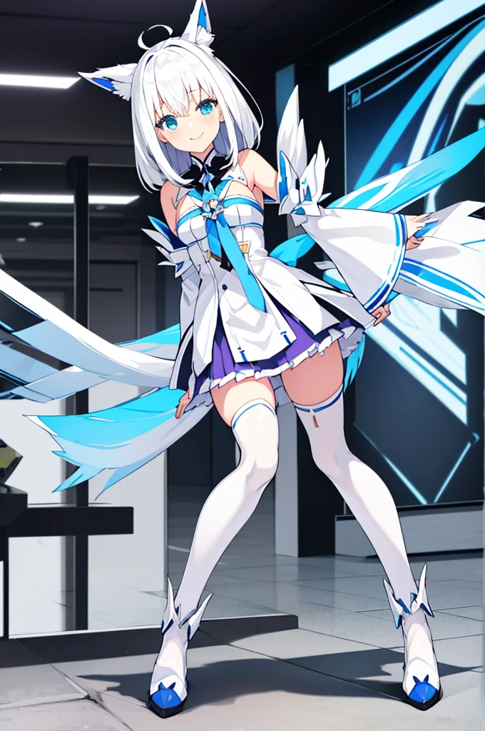 Mecha Wings、White and blue skirt、Accentuated thighs、White tights、chest、Beautiful white hair、1 girl、solo girl、Thick thighs、IS、Frame Arms Girl、Alice Gere Aegis、White Armor、Blue and purple lines、income、headphone、hand on own chest、smile