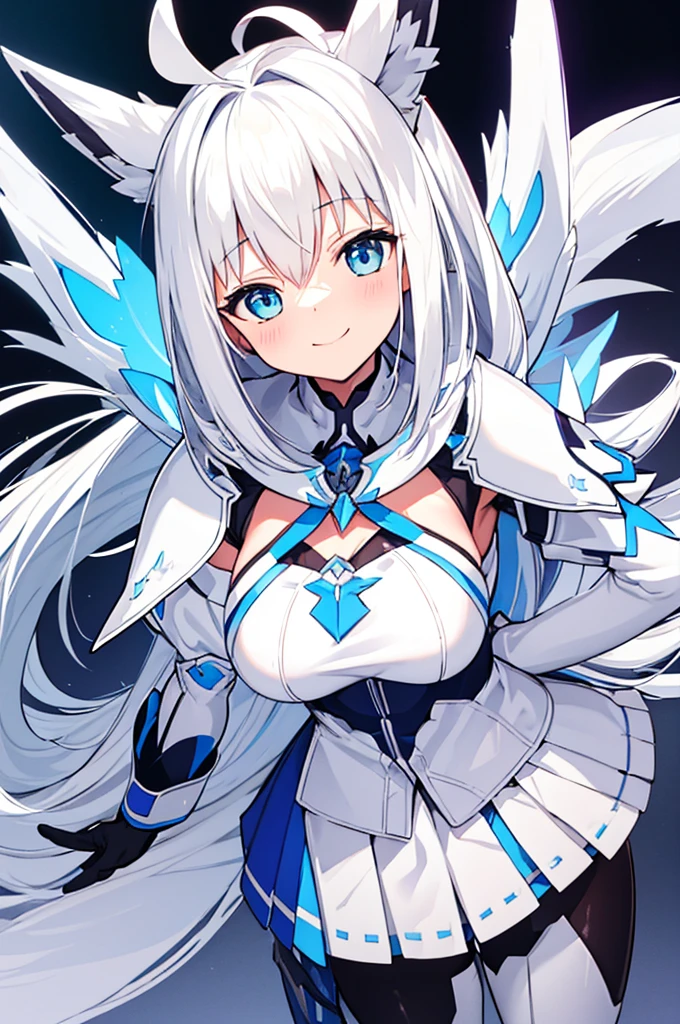 Mecha Wings、White and blue skirt、Accentuated thighs、White tights、chest、Beautiful white hair、1 girl、solo girl、Thick thighs、IS、Frame Arms Girl、Alice Gere Aegis、White Armor、Blue and purple lines、income、headphone、hand on own chest、smile