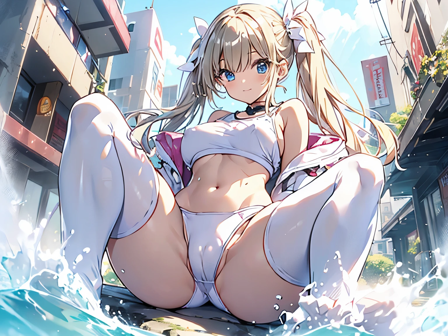 (busty girl), solo, (unexpected expression)(mouth open, (white jacket), (pink tanktop), (white thong)(high-leg)(high-cut), erect nipples, Narrow constricted waist, belly button, Small hips, bare hips, (partially exposed)vulva(labia), (blond hair)buns(twintails), White ribbon, Dark Eyes, blue eyes, sunny metropolis, clitoris(crotch wedge)cameltoe