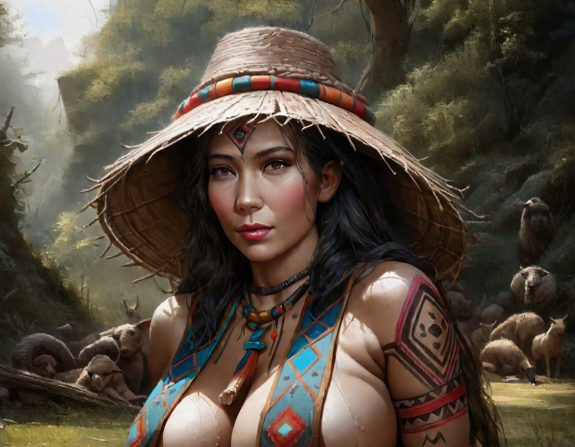 (best quality,4k,8k,highres,masterpiece:1.2),ultra-detailed,(realistic,photorealistic,photo-realistic:1.37),full body portrait of beautiful alien (light green skin, small cute antenna) native tribal woman in muddy primitive farm:1.2,(herding affectionate 3 foot tall 3 feet wide bioluminescent tentacle monsters)(primitive straw broad rim hat, colorful tribal belt, unclad, some tribal tattooing and intricate extensive body paint, breast curtains, confidence, big natural breast), (vivid colors, outdoors, green pastures). (head to toe, show all of her)(Safe for work)