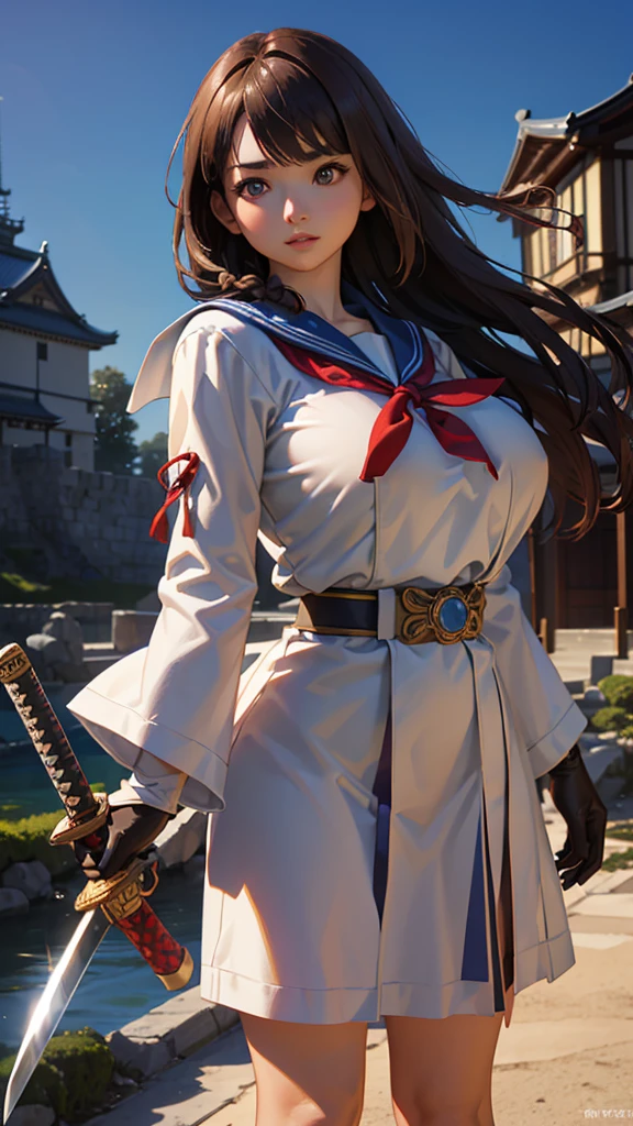 ((8k, Highest quality:1.2))、((masterpiece)), Beautiful woman, (Attractive Asian Model:1.0)、18-year-old girl、(((Sailor suit)))、(((Sailor suitを着た戦士))),((Big Breasts))、((Huge breasts))、((Perfect Face))、 (((Holding a Japanese sword)))、((Samurai holding a sword))、((Colorful armor))、((Images of Japan))、((Background Japanese castle))、(Strong muscular body), (Light Brown Hair), Braid、Disheveled Hair、feet, (High fantasy battlefield environment), High resolution, (Skin Texture:1.1), Highest quality, 超High resolution, (Realistic: 1.4), RAW Photos, Nikon D850 film stock photos, F1.6 Lenses, Rich colors, Bokeh, Sharp focus, Realistic, Cinestill 800, Backlight, Rim Light, Strong sunlight, Realistic, Realistic Shadow, 3d, (Castle Background:1.2),Hair blowing in the wind、Upper Body、 (Leather gloves),Combat Accessories,breastplate、、Voluminous lips、((Big Breasts))、((Huge breasts))、((Perfect Face))、Big eyes、Delicate eyes、((looking at the camera))、belt、Intricately patterned armor、((whole body))、Delicate hands、Uplifting、Are standing、