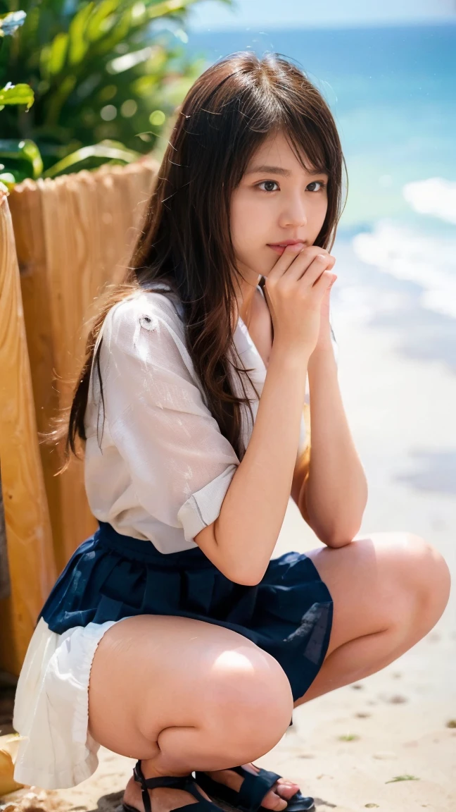 (((Top-down configuration:1.33)))、((No underwear:1.55))、One Girl、Beautiful and detailed eyes and face、barefoot、20 year old cute Japan woman, ((Extremely precise and accurate anatomy:1.0)), (photo Realistic:1.4), (hyper Realistic:1.4), (最高品質のRealisticな肌の質感:1.4), (Improvement of quality:1.4), (Enhances the beauty of skin texture:1.1), Clean and glowing skin, mesh, thin:1.2, (Realistic:1.3), Realisticなライティング, (Smoother lighting:1.05), (Improving the quality of cinema lighting:0.9), Backlight, A gentle light on your face, Ray Tracing, (Bright light:1.2), 32k, One Japanese woman, fine grain, Detailed face, (Film Grain:1.1),(Accentuates body lines:1.1), High resolution, Natural look, Kind eyes, Improves hair quality, Delicate light and shadow, Transparent muscles, Graceful pose, Beautiful Eyes, Sharp details, Soft light reflection, Beautiful contours, Delicate skin tone, Fine hair texture, Natural background, (((sunny day、Beach、A strong wind is blowing、Her hair and skirt are flying、Squat, Traditional navy blue sailor uniform、Open shirt、Pleated skirt、Scooping seawater with hands:1.25、splash、Sandy Beach、Light of the sun、clear blue sea、The waves crash quietly、Blue sky and white clouds、green mountain々、Beautiful Nature、The joys of youth)))、