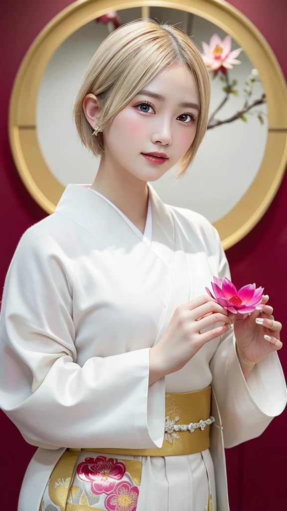 “A beautiful young woman with short blonde hair, wearing a traditional Japanese kimono with floral patterns, holding a glowing heart-shaped crystal with a lotus flower design in both hands, facing front. She has bright red eyes and a gentle expression. The background features large pink lotus flowers and a soft, glowing halo around her head. The scene is highly detailed and has a magical, ethereal quality.”“Holding a heart-bigshaped crystal in both hands.”
