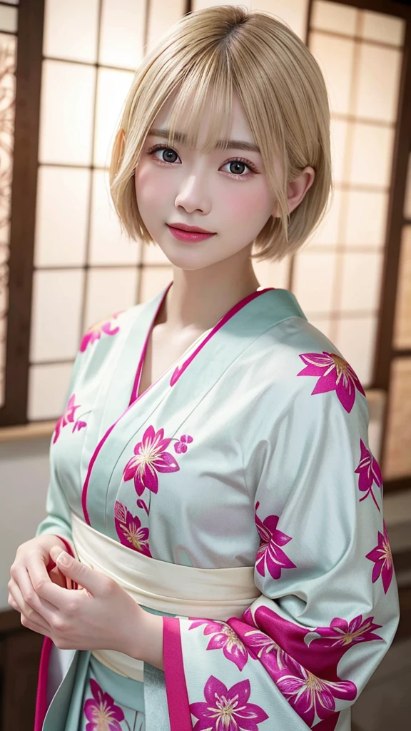 “A beautiful young woman with short blonde hair, wearing a traditional Japanese kimono with floral patterns, holding a glowing heart-shaped crystal with a lotus flower design in both hands, facing front. She has bright red eyes and a gentle expression. The background features large pink lotus flowers and a soft, glowing halo around her head. The scene is highly detailed and has a magical, ethereal quality.”“Holding a heart-bigshaped crystal in both hands.”