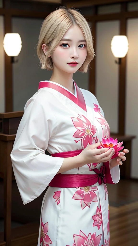 “A beautiful young woman with short blonde hair, wearing a traditional Japanese kimono with floral patterns, holding a glowing heart-shaped crystal with a lotus flower design in both hands, facing front. She has bright red eyes and a gentle expression. The background features large pink lotus flowers and a soft, glowing halo around her head. The scene is highly detailed and has a magical, ethereal quality.”“Holding a heart-bigshaped crystal in both hands.”