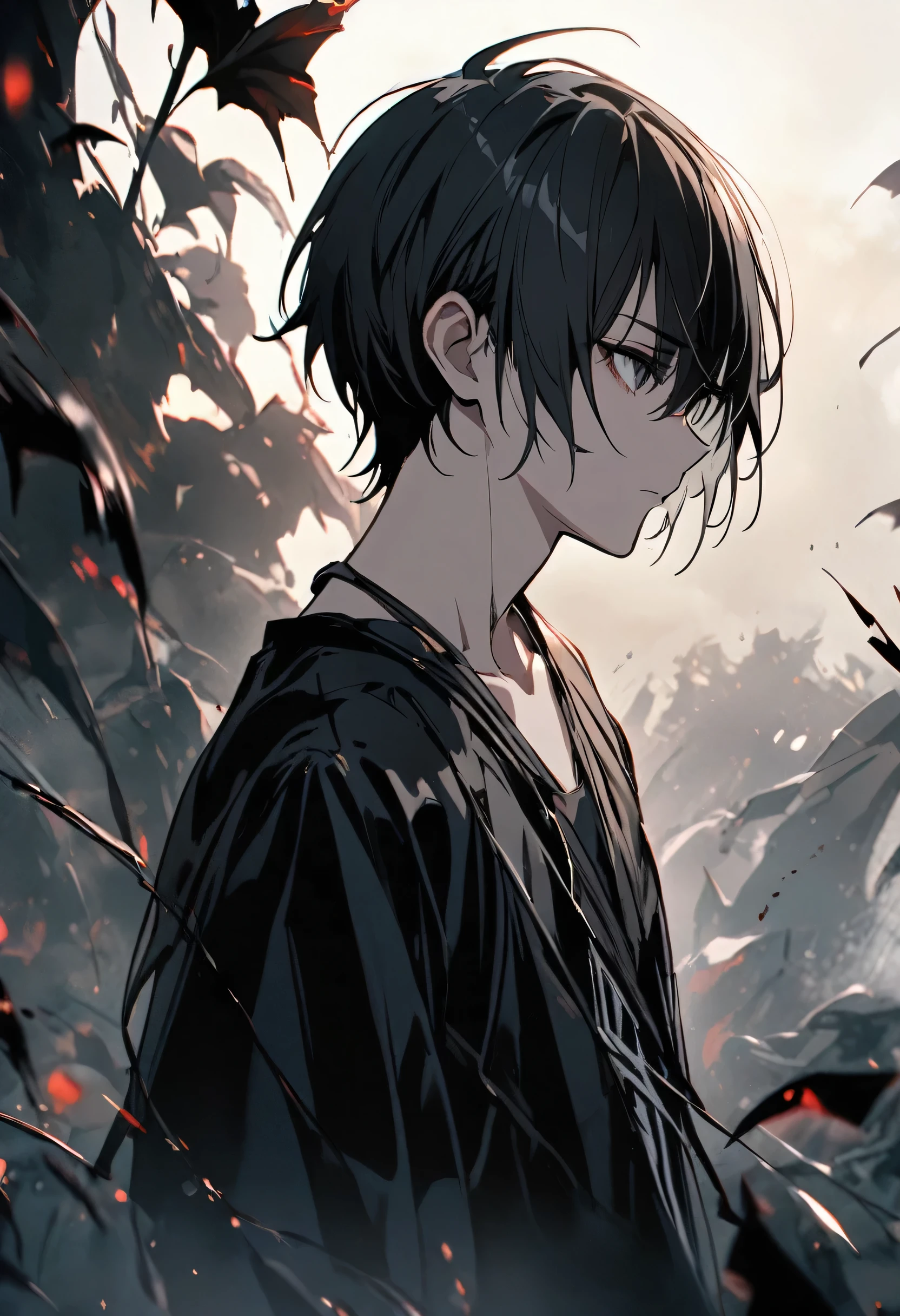good looking, alone, 1 person, short hair, Black Hair, Black eyes, Demon King's Clothes,Chopped clothes、 Lots of power,Sword Fighting