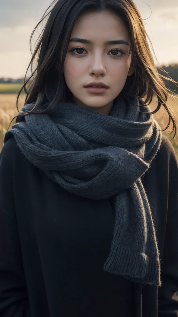 8k, best quality, masterpiece, realistic, ultra detail, photo realistic, Increase quality,
a photo of a girl standing in a field with a scarf, in the style of dark and brooding designer, voluminous mass, photobash, serene faces, jagged edges, navy, natural beauty, close-up shot