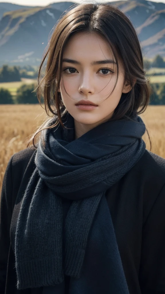 8k, best quality, masterpiece, realistic, ultra detail, photo realistic, Increase quality,
a photo of a girl standing in a field with a scarf, in the style of dark and brooding designer, voluminous mass, photobash, serene faces, jagged edges, navy, natural beauty, close-up shot