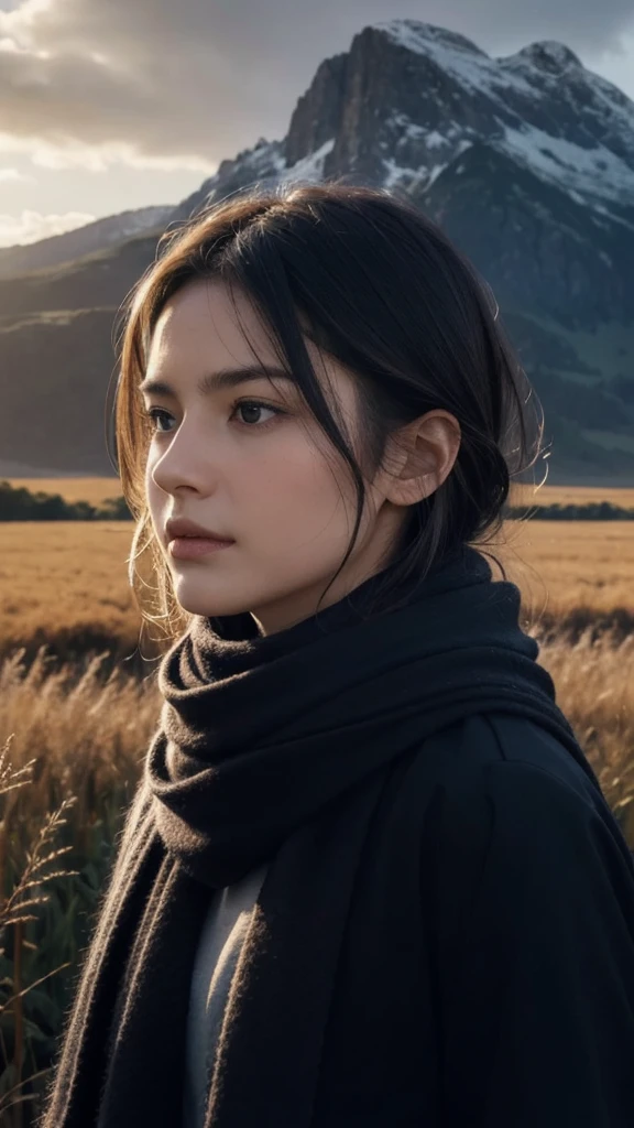 8k, best quality, masterpiece, realistic, ultra detail, photo realistic, Increase quality,
a photo of a girl standing in a field with a scarf, in the style of dark and brooding designer, voluminous mass, photobash, serene faces, jagged edges, navy, natural beauty, close-up shot