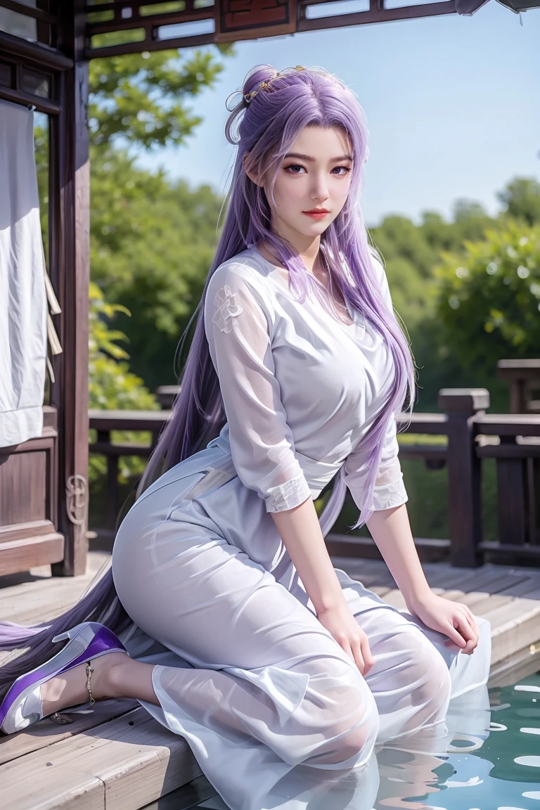 Chinese purple cheongsam，Long legs，In the bedroom，full-body shot，Wearing purple high heels，In the water