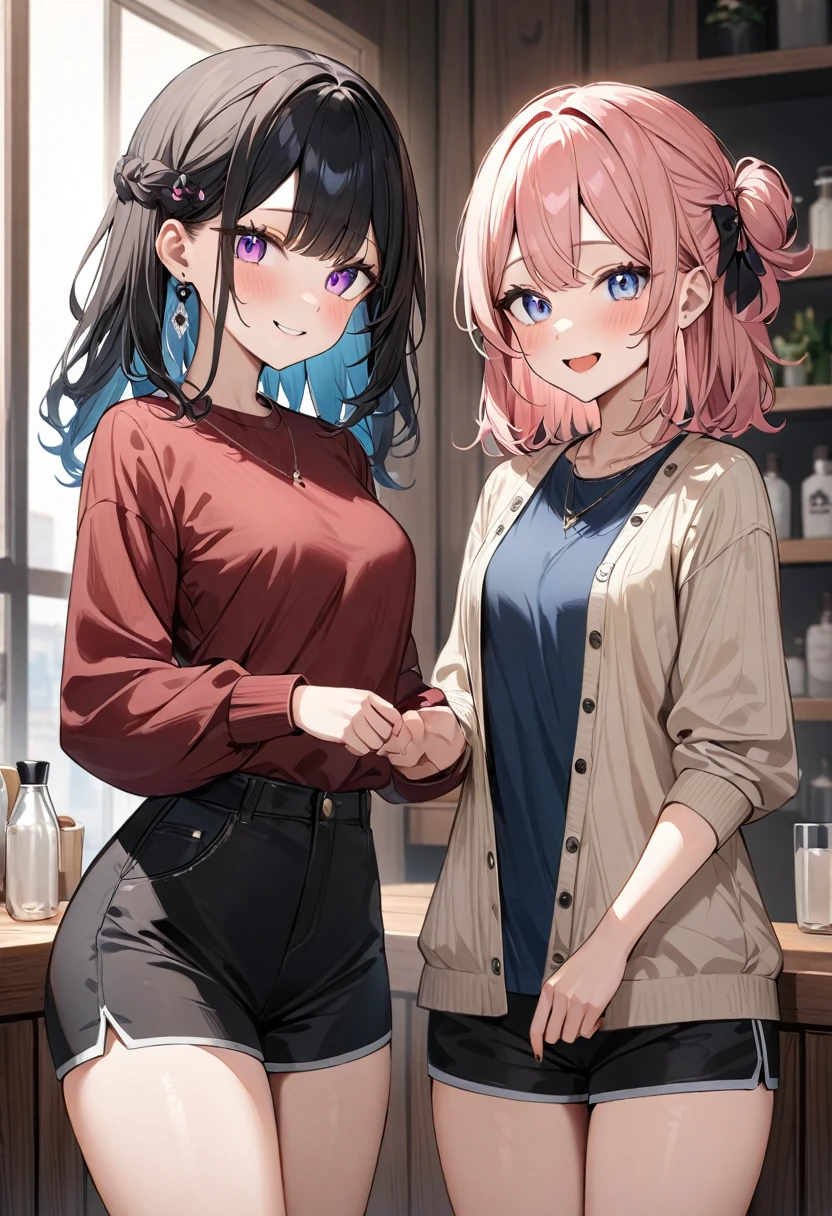 (masterpiece, top quality, very aesthetic, 4k、illustration), intricate detail, 2girls,Standing 、(cowboy shot)、Randomsmile、()、,
Cute 、Random Hair Color、,middle hair,sidelock ,Random Color　eyes、Casual attire、small breasts、Slim 、