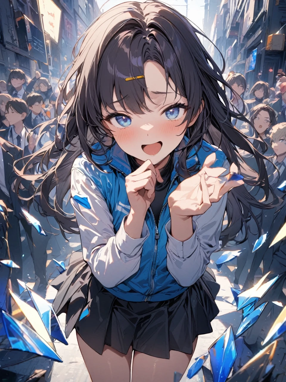 (best quality, masterpiece),(1 girl, windbreaker,Expressive face, blue eyes, looking at the audience, black hair, Keep your mouth shut, formal shirt, Black skirt, Reach out to the audience), (Reduce blue light, There are many blue glass shards hovering behind you., floating objects, Night Sky)