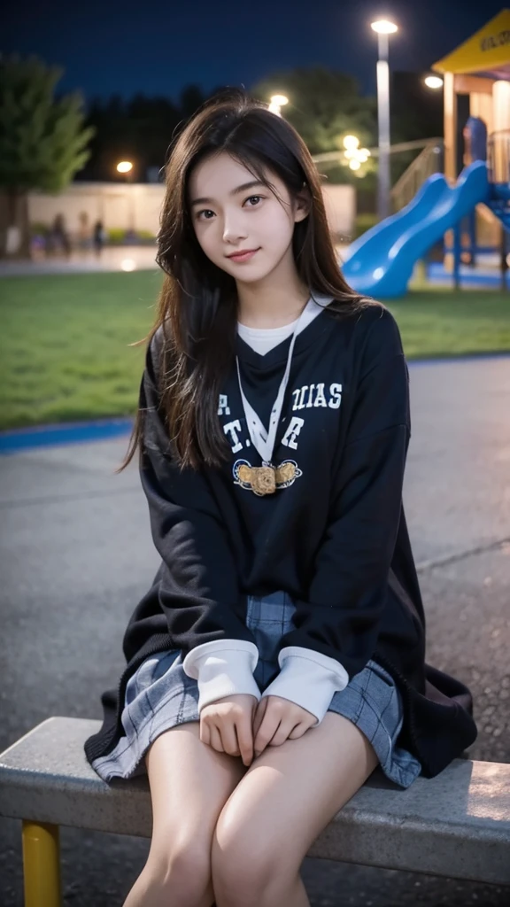 First-person perspective,a female high school student,Sit on the playground,night,wearing jk,Lovely
