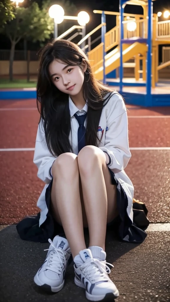 First-person perspective,a female high school student,Sit on the playground,night,wearing jk,Lovely