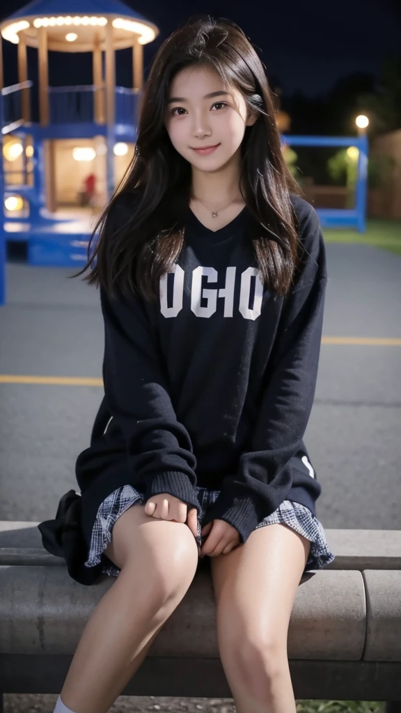 First-person perspective,a female high school student,Sit on the playground,night,wearing jk,Lovely