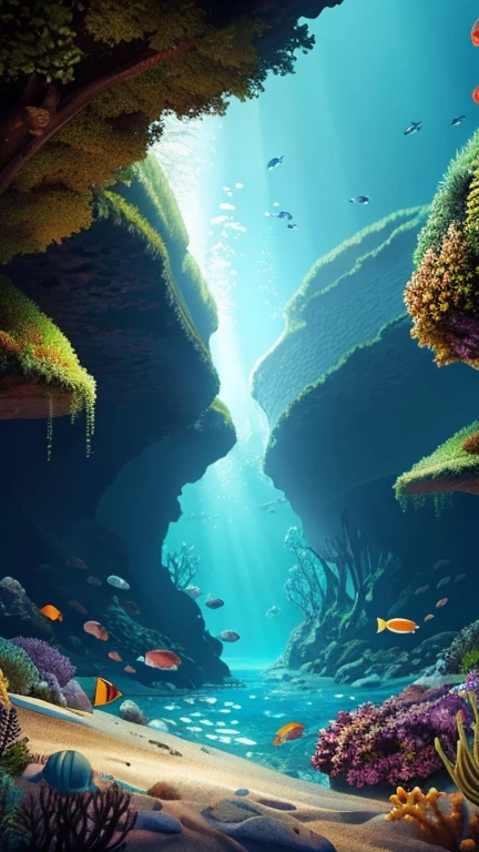 Hyper-realistic digital painting of a mysterious island with a hidden underwater entrance. The island appears ordinary from above, with sandy beaches and dense jungle. However, beneath the surface of the water, a hidden tunnel leads to a secret underwater cave filled with glowing crystals and ancient carvings. Divers can be seen exploring the entrance, their flashlights illuminating the underwater landscape. The scene is a mix of above and below water, capturing the duality and hidden mysteries of the island. Cinematic composition, trending on ArtStation.