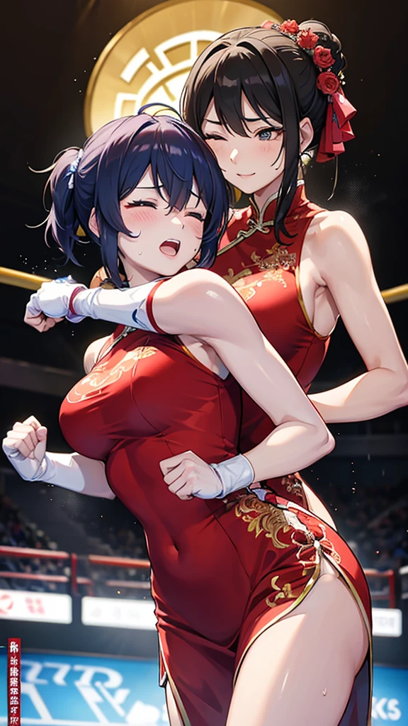 Boxing action Two women in Chinese dresses are boxing in the ring. The woman on the right hits the woman on the left in the cheek.. The woman on the left has her right eye closed, opening her mouth, and sweat.