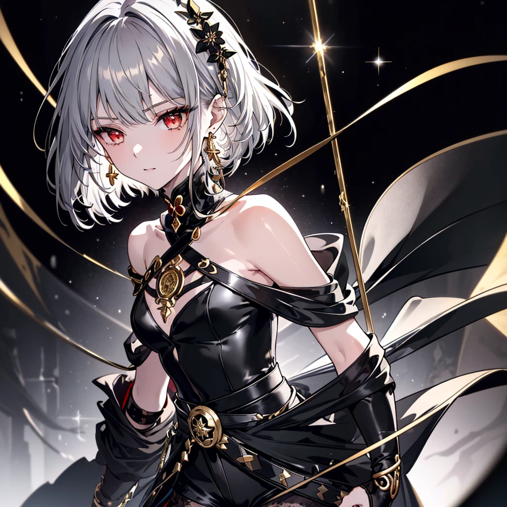 8k,High resolution RAW color art,Anime Art,Silver Marble Skin, (((Very detailed and cool))), Detailed skin, Bokeh、texture,(Exquisitely crafted, The finer details, Ultra-detailed art), (((1 girl))), Depth of written boundary, Silky Touch, Hyper Detail, (((Cool face))), eye shadow、Armed women, Beautiful detailed red eyes, Beautiful lip detail, Highly detailed face, Delicate depiction of hair and eyes, Detailed Fashion, Golden Earrings,Full body depiction, Black half top、(((Shoulder Bare)))、Black shorts、Waist Cloak、black tights、Golden decoration, Grey Hair, Golden bracelet, Straight Hair、Short Hair、(((Hair)))、Simple Background、(((Black theme)))、snow、Side view、Crouch、look up、cool