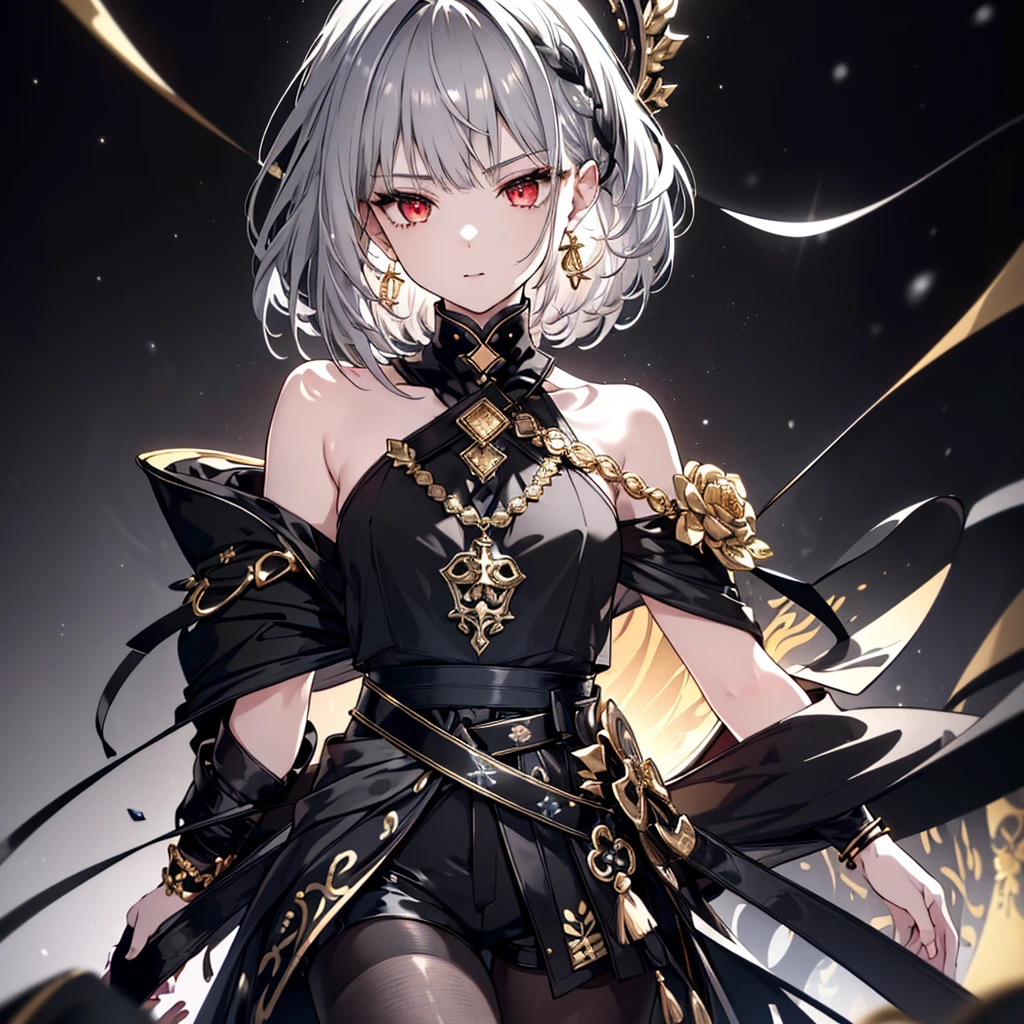8k,High resolution RAW color art,Anime Art,Silver Marble Skin, (((Very detailed and cool))), Detailed skin, Bokeh、texture,(Exquisitely crafted, The finer details, Ultra-detailed art), (((1 girl))), Depth of written boundary, Silky Touch, Hyper Detail, (((Cool face))), eye shadow、Armed women, Beautiful detailed red eyes, Beautiful lip detail, Highly detailed face, Delicate depiction of hair and eyes, Detailed Fashion, Golden Earrings,Full body depiction, Black half top、(((Shoulder Bare)))、Black shorts、Waist Cloak、black tights、Golden decoration, Grey Hair, Golden bracelet, Straight Hair、Short Hair、(((Hair)))、Simple Background、(((Black theme)))、snow、Side view、Crouch、look up、cool