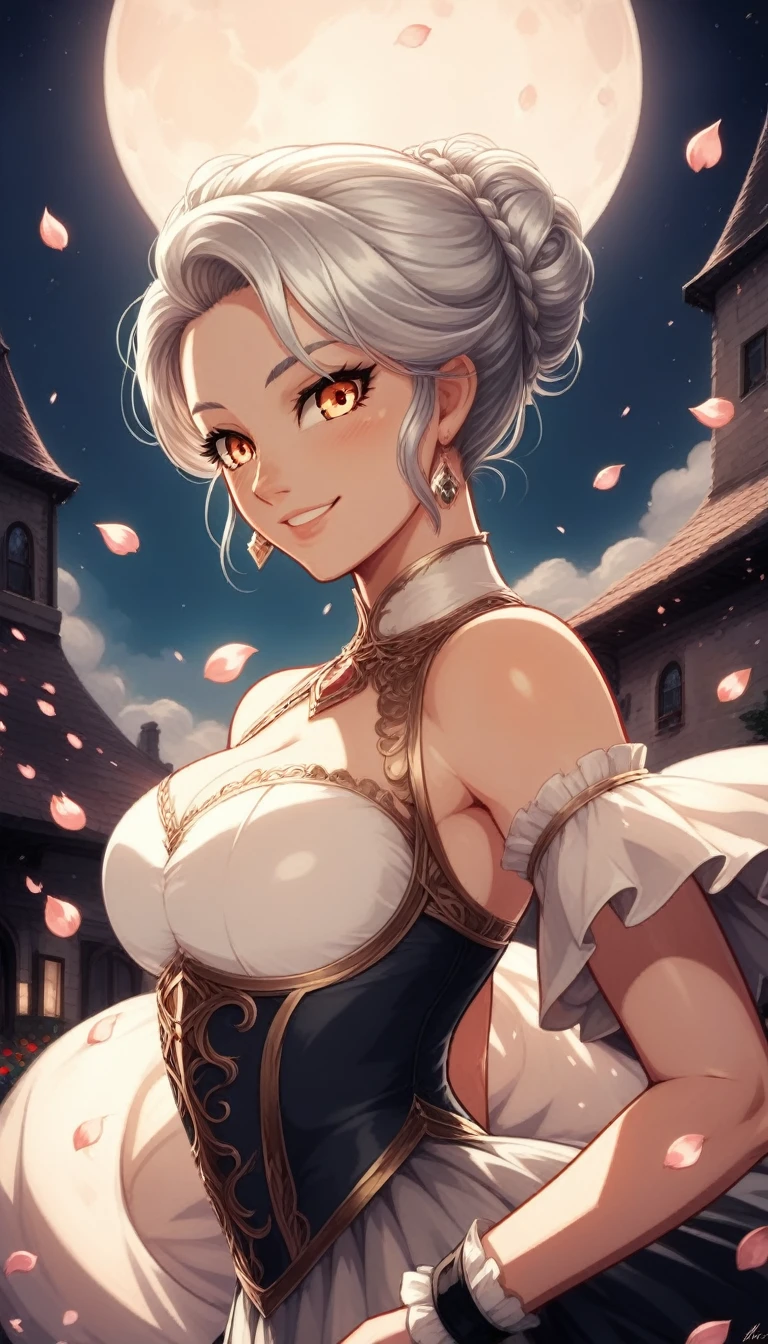 masterpiece, Highest quality,, One girl, (colorful),(Beautifully detailed eyes and face),cinematic Lighting,Bust Shot,Highly detailed CG Unity 8k wallpaper,Gray Hair,alone,smile,Complex skirt,((Flying petals)),(Flowery meadow), null, cloudy_null, building, moonLight, moon, night, (Dark Theme:1.3), Light, Fantasy,