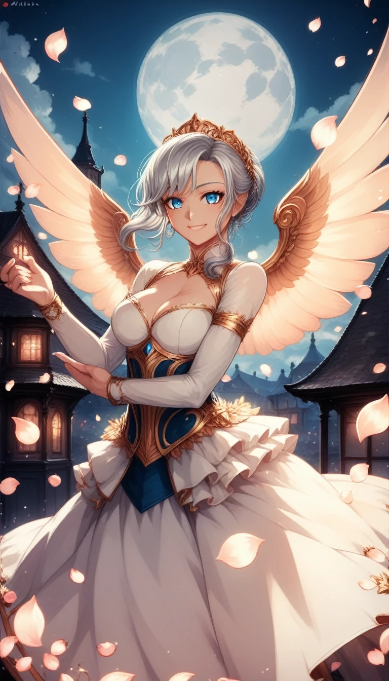 masterpiece, Highest quality,, One girl, (colorful),(Beautifully detailed eyes and face),cinematic Lighting,Bust Shot,Highly detailed CG Unity 8k wallpaper,Gray Hair,alone,smile,Complex skirt,((Flying petals)),(Flowery meadow), null, cloudy_null, building, moonLight, moon, night, (Dark Theme:1.3), Light, Fantasy,