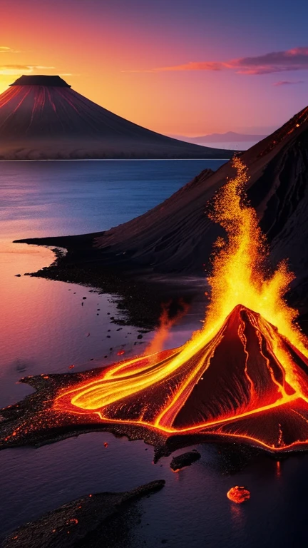 Hyper-realistic digital painting of a mysterious volcanic island at twilight. The active volcano at the center of the island glows with molten lava, casting a fiery light over the landscape. The sky is a dramatic mix of deep purples and reds as the sun sets behind the island. In the foreground, black sand beaches and rocky outcrops create a stark contrast with the vibrant colors of the sky and lava. Strange, shadowy figures can be seen near the volcano's base, hinting at ancient rituals and secrets. Cinematic composition, trending on ArtStation.