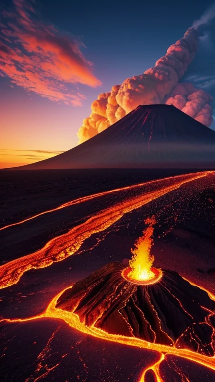 Hyper-realistic digital painting of a mysterious volcanic island at twilight. The active volcano at the center of the island glows with molten lava, casting a fiery light over the landscape. The sky is a dramatic mix of deep purples and reds as the sun sets behind the island. In the foreground, black sand beaches and rocky outcrops create a stark contrast with the vibrant colors of the sky and lava. Strange, shadowy figures can be seen near the volcano's base, hinting at ancient rituals and secrets. Cinematic composition, trending on ArtStation.