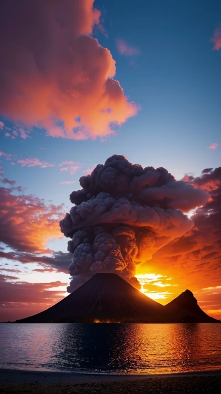 Hyper-realistic digital painting of a mysterious volcanic island at twilight. The active volcano at the center of the island glows with molten lava, casting a fiery light over the landscape. The sky is a dramatic mix of deep purples and reds as the sun sets behind the island. In the foreground, black sand beaches and rocky outcrops create a stark contrast with the vibrant colors of the sky and lava. Strange, shadowy figures can be seen near the volcano's base, hinting at ancient rituals and secrets. Cinematic composition, trending on ArtStation.