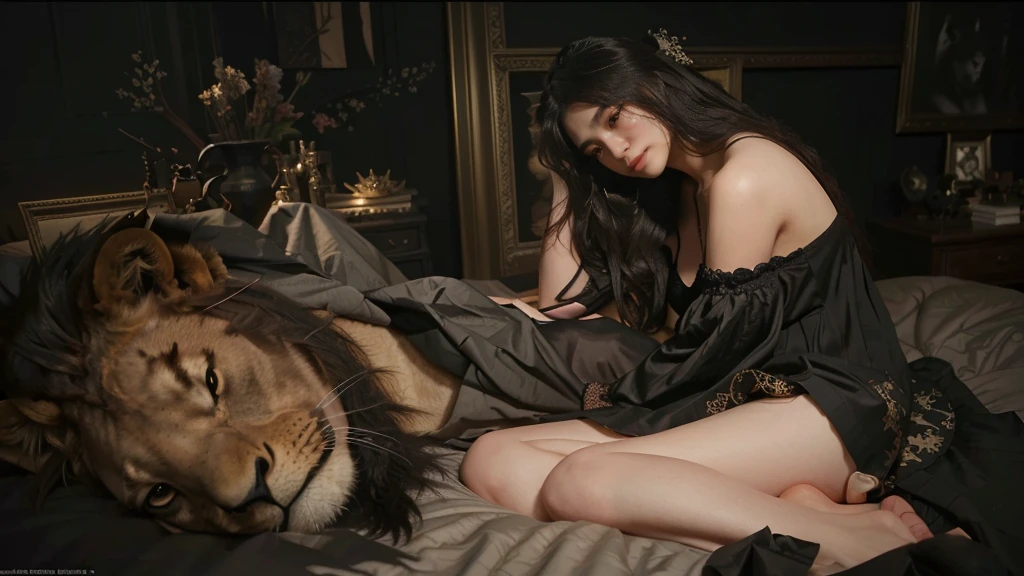 araffe woman in black  victoriano dress sitting on bed along with a big lion asleep in bed, hyperrealistic fantasy art, dark fantasy mixed with realism, by Yang J, realistic fantasy painting, inspired by Chen Yifei, sensual gloomy style, loish and wlop, trending on cgstation, intricate wlop, wlop and sakimichan, realism art, by Li Song