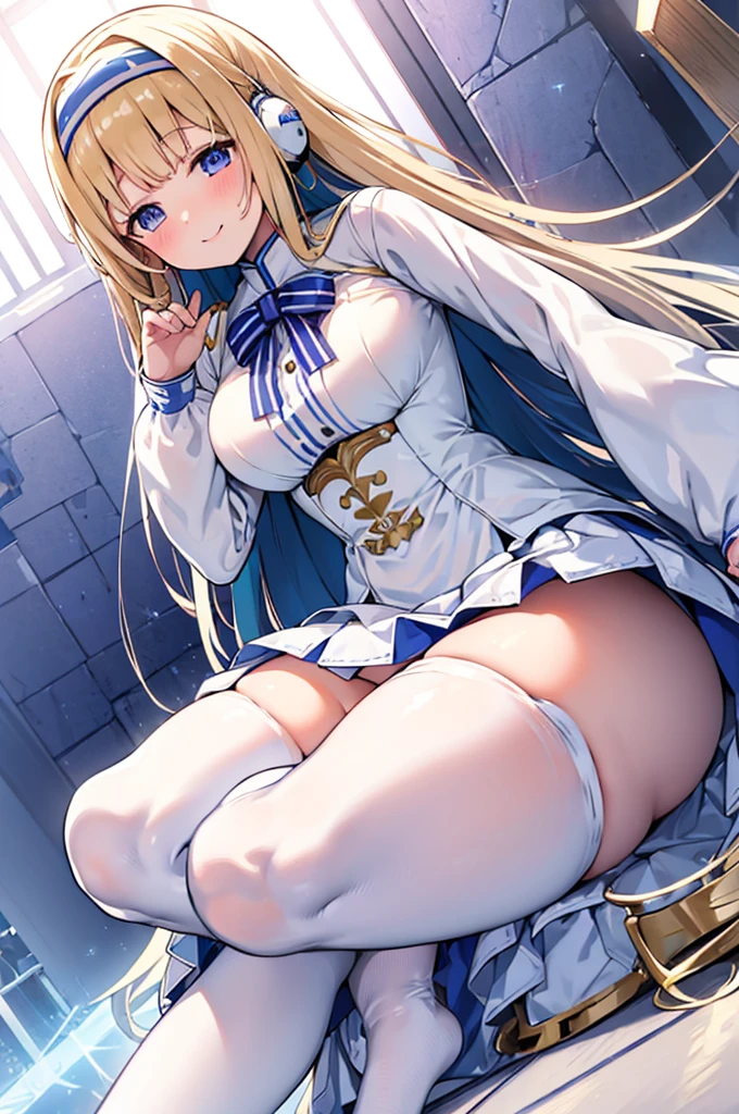 Mecha Wings、White and blue skirt、Accentuated thighs、White tights、chest、Beautiful golden hair、1 girl、solo girl、Thick thighs、IS、Frame Arms Girl、Alice Gere Aegis、White Armor、Blue and purple lines、income、headphone、hand on own chest、smile