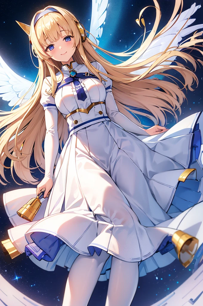 Mecha Wings、White and blue skirt、Accentuated thighs、White tights、chest、Beautiful golden hair、1 girl、solo girl、Thick thighs、IS、Frame Arms Girl、Alice Gere Aegis、White Armor、Blue and purple lines、income、headphone、hand on own chest、smile