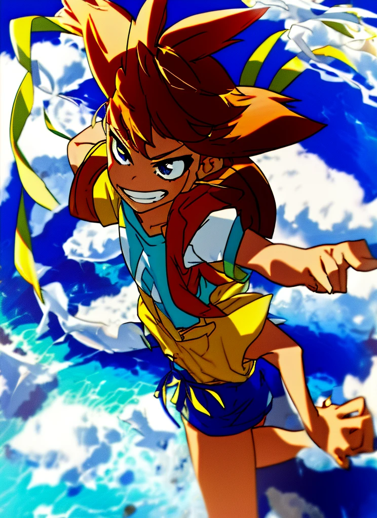 1girl, grin, ribbon, Cumulonimbus, buzzer, Ocean, , short sleeve shirt, from above, cowboy shot
