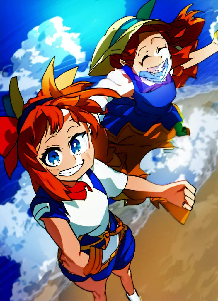 1girl, grin, ribbon, Cumulonimbus, buzzer, Ocean, , short sleeve shirt, from above, cowboy shot