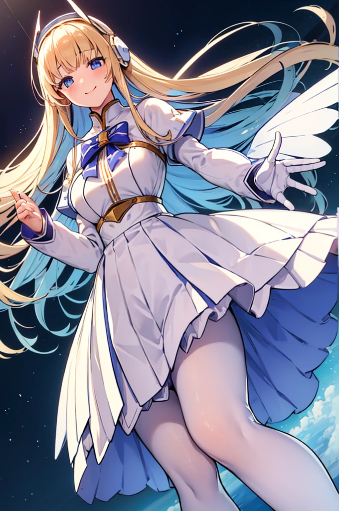 Mecha Wings、White and blue skirt、Accentuated thighs、White tights、chest、Beautiful golden hair、1 girl、solo girl、Thick thighs、is、Frame Arms Girl、Alice Gere Aegis、White Armor、Blue and purple lines、income、headphone、hand on own chest、smile