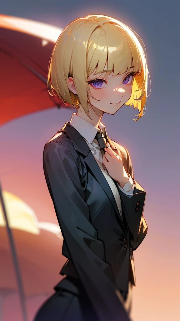 1 girl、8k、Sharp focus、(Bokeh) (Highest quality) (Detailed skin:1.3) (Intricate details) (anime)、(blonde)、short hair、Bobcut、Blunt bangs、Beautiful purple eyes、Slender body、From the side、Upper body close-up、White shirt、Black work trousers、Black Fitted Blazer、Calm face、Mouth closed、Cheeky Smile、Squint your eyes、Park in the background、sunset、Soft lighting.