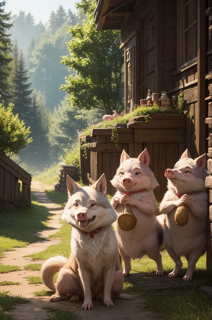 Create a story about the three little pigs after defeating the wolf