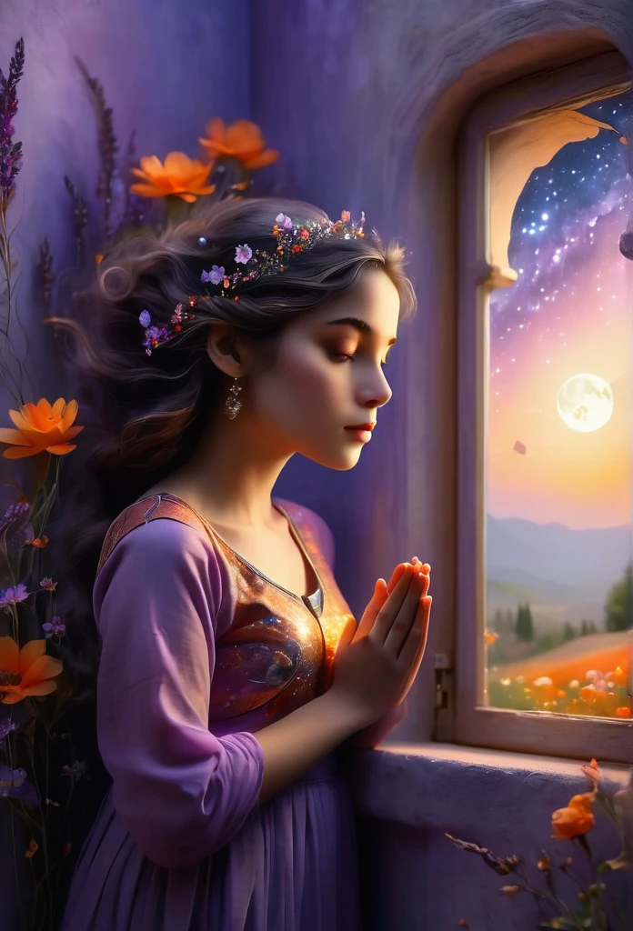 Windows in Roman architectural style,Girl standing by the window,The scenery outside the window,Looking out from the window,vast landscape photos, (A view of the sky and the wilderness below), Standing in the flower field and looking up, (full moon: 1.2), (meteor: 0.9), (nebula: 1.3), distant mountains, The art of tree folding, (Warm light source: 1.2), (firefly: 1.2), lamp, purple and orange, intricate details, Volumetric lightingBREAK (masterpiece: 1.2), (best quality ), 4K, Super detailed, (Dynamic configuration: 1.4), Highly detailed and colorful details (iridescent: 1.2), (sparkling lights, mood lighting), fantastic, magic, (alone: 1.2) Punjabi Girl Praying With Folded Hands.