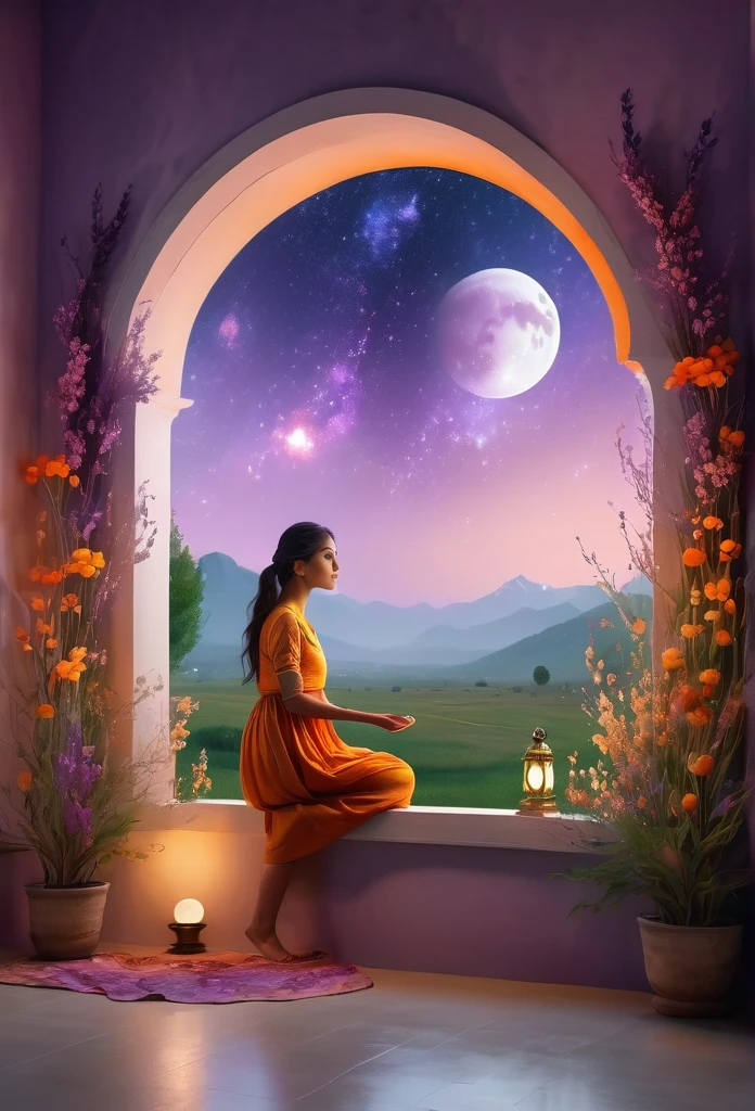 Windows in Roman architectural style，Girl standing by the window，The scenery outside the window，Looking out from the window，vast landscape photos, (A view of the sky and the wilderness below),  Standing in the flower field and looking up, (full moon: 1.2), (meteor: 0.9), (nebula: 1.3), distant mountains, The art of tree folding, (Warm light source: 1.2), (firefly: 1.2), lamp, purple and orange, intricate details, Volumetric lightingBREAK (masterpiece: 1.2), (best quality ), 4K, Super detailed, (Dynamic configuration: 1.4), Highly detailed and colorful details (iridescent: 1.2), (sparkling lights, mood lighting), fantastic, magic, (alone: 1.2) Punjabi Girl Praying With Folded Hands.