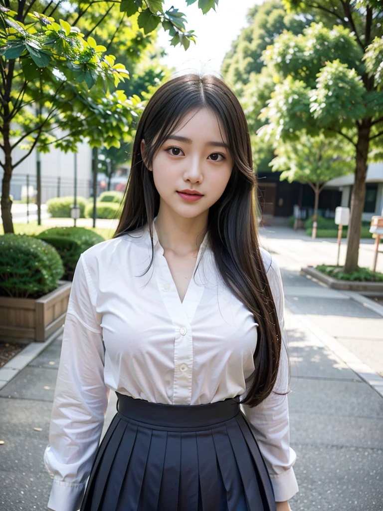 In the middle of the city,RAW photos,8k,HighestQuali, Ultra-high resolution,Beautiful face details,Real human skin,An expression of happiness,up front view,From the angle below,Long hair with a shawl,realisticlying,realisticlying,adolable,short skirt,Walking posture,cute female student,Japanese uniform,Wearing a Japanese ,Uniforms,Surreal high school girl,full bodyesbian,