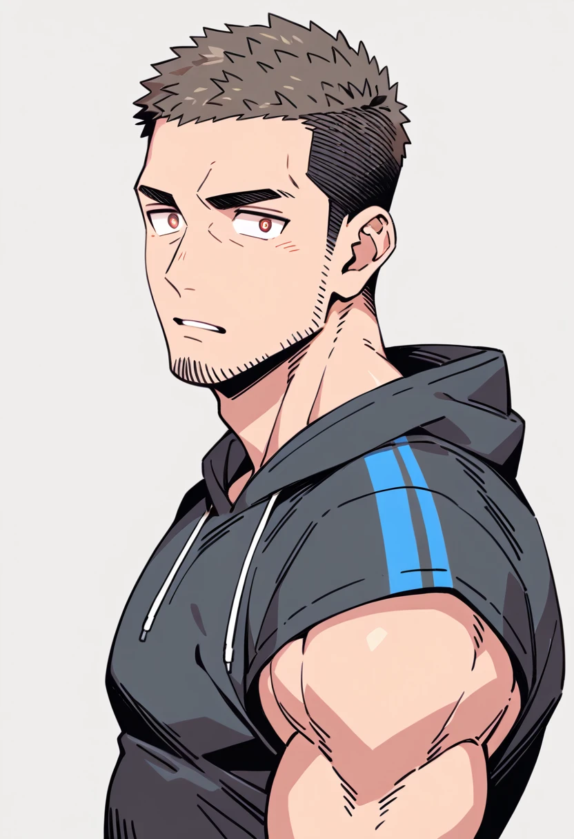 anime characters:Priapus, Muscle Sports Student, Buzz Cut, Manliness, male focus, Sports tight hooded sweatshirt, Very tight, full and perky chest muscles, muscular male, muscular, only, Upper body, alone, Black short hair, Thick eyebrows, stubble, Brown-red pupils, White background, simple background, amazing quality, best aesthetics, Ridiculous, crew cut, parted lips, flustered, endured face, negative space, best quality