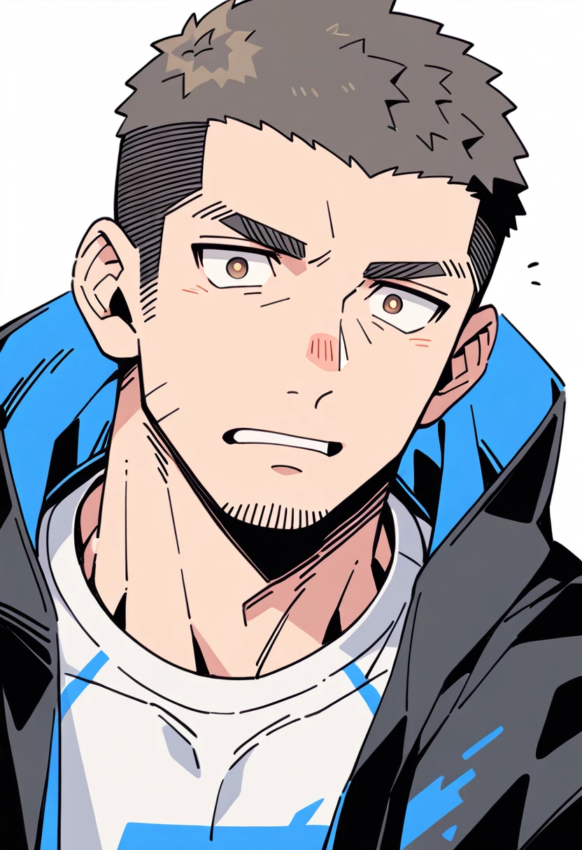 anime characters：Priapus, Muscle Sports Student, Buzz Cut, Manliness, male focus, Sports tight hooded sweatshirt, Very tight, full and perky chest muscles, muscular male, muscular, only, Upper body, alone, Black short hair, Thick eyebrows, stubble, Brown-red pupils, White background, simple background, amazing quality, best aesthetics, Ridiculous, crew cut, parted lips, flustered, endured face, negative space, best quality